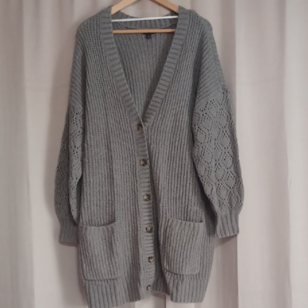 Torrid Boyfriend Cardigan Gray Pointelle Sleeves Pockets Plus Size 2X Cable Knit
